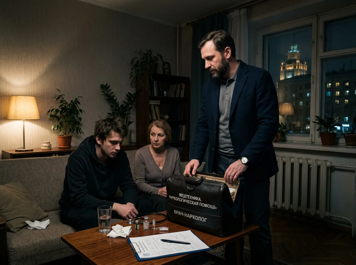 Врач-нарколог в гражданской одежде приезжает к пациенту домой ночью в Москве, профессиональная медицинская сумка, спокойная атмосфера, тёмно-синий тон